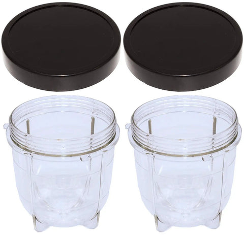 Replacement Short Cup With Stay Fresh Jar Lid For Magic Bullet Blenders 250W MB-1001 MB-1001B MBR-1101 MBR-1701 MBR-1702 MBR-0301 8oz Cup 2 Pack Not Nutribullet Compatible - two clear 8 oz BPA-free cups with two black lids