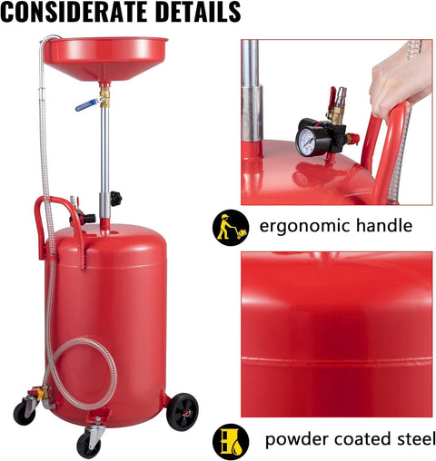 Heavy Duty 20 Gallon Waste Oil Drain Tank With Air Operated Drainer showing ergonomic handle and powder-coated steel