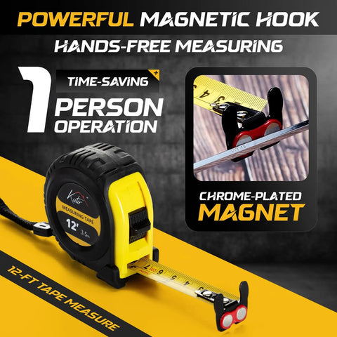 12 Foot Magnetic Tape Measure With Magnetic Hook And Fraction Markings, Steel Retractable Blade, Dual Sided Ruler, Easy Read Tape