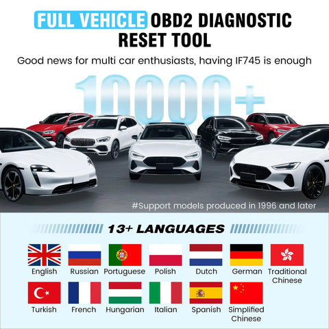 IF745 All Systems OBD2 Scanner And Scan Tool With 6 Reset Functions Including ABS Bleed Oil EPB SAS Throttle Battery Full Diagnostic Code Reader For Cars And Trucks Lifetime Free Updates And Auto VIN supporting 13+ languages.