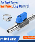 Half Inch Hose ID Barb Ball Valve with 304 Stainless Steel Construction Dual 13mm Barb Fittings shown with clamp