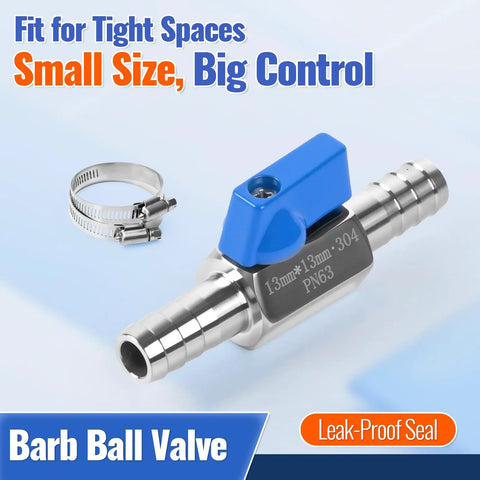 Half Inch Hose ID Barb Ball Valve with 304 Stainless Steel Construction Dual 13mm Barb Fittings shown with clamp