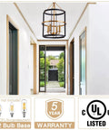 Hallway with Modern 4 Light Lantern Pendant Chandelier in Matte Black and Brass Finish with Mid Century Modern Vibe