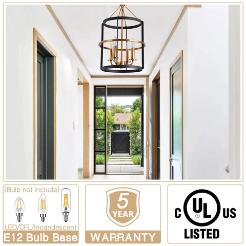 Hallway with Modern 4 Light Lantern Pendant Chandelier in Matte Black and Brass Finish with Mid Century Modern Vibe