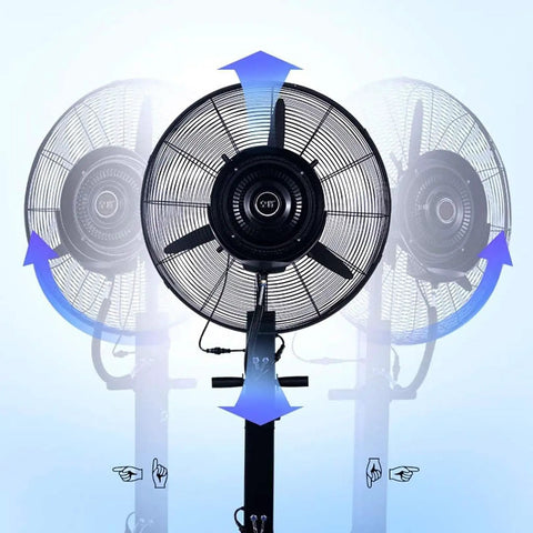 Heavy Duty Industrial Misting Fan With Fine Water Spray Delivers Straight Up Powerful Cooling For Outdoor Gyms And Greenhouses, showing oscillation feature.