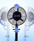 Heavy Duty Floor Standing Misting Fan With Powerful Oscillating Spray For Gyms And Indoor Rooms showing oscillating spray feature and fan design.