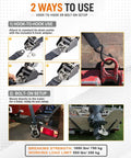 Diagram showing two setup options for heavy duty stainless steel retractable ratchet straps for boat, 1 7/8 inch by 4 foot marine tie downs.