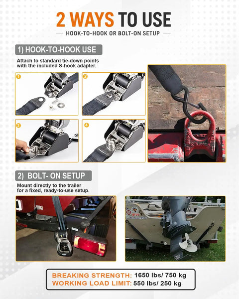 Diagram showing two setup options for heavy duty stainless steel retractable ratchet straps for boat, 1 7/8 inch by 4 foot marine tie downs.