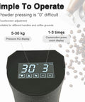 58mm Electronic Coffee Tamper Automatic Grounds Press featuring adjustable 5 to 30 kilogram force touchscreen display and count monitor.