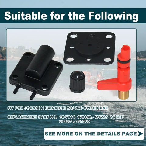 Primer Solenoid Service Valve Kit 18-7044 Replacement for Johnson Evinrude Outboard Engines parts displayed on water background
