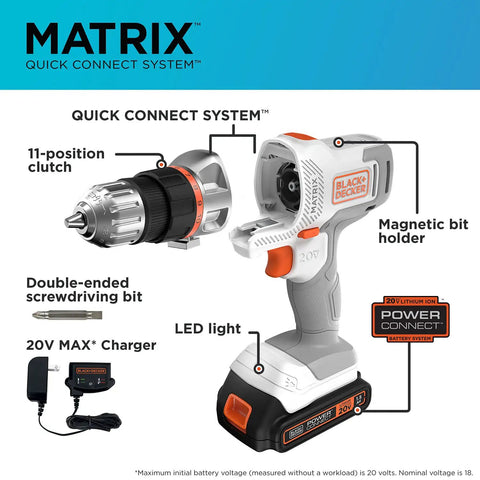 20V Max Matrix Cordless Drill And Driver Kit With Quick Connect System showcasing components and features