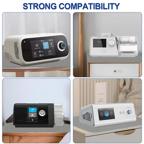 Various CPAP machines on nightstands with CPAP Silicone Protector Mat For Nightstand Waterproof Non Slip Pad Dark Gray