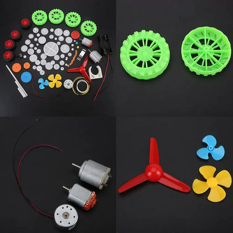 Plastic Crown Gear Set For DIY Robots And Toys, Motor Gear Kit with colorful wheels, gears, and assembly parts on display