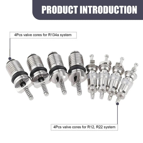 16 Piece Car AC Valve Core Kit With Caps And Removal Tool For R134a R12 Systems, featuring metal valve cores for R134a and R12.