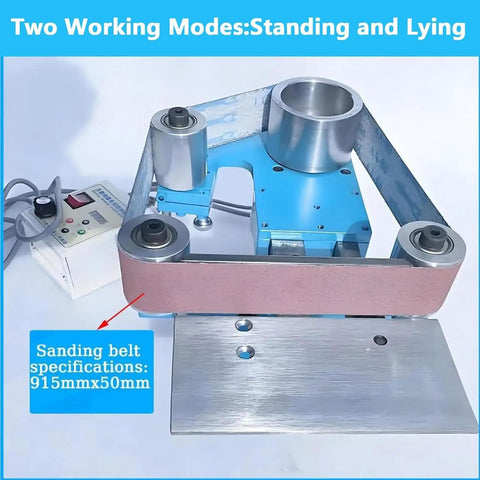 Xoiasth 750W Brushless Electric Belt Sander With 915 X 50mm Sanding Belt And Stainless Steel Workbench, showing two working modes.