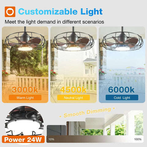 20 Inch Outdoor Ceiling Fan With Light For Patio IP65 Waterproof Plug In Caged Hanging Fan With Remote 3 CCT lighting modes shown