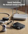 Mini UPS Power Supply Featuring 18000Mah Built In Battery Backup For Home Routers Modems And Security Cameras Equipped With Smart Lcd Display, connecting multiple devices on a wooden table.