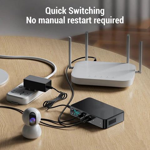Mini UPS Power Supply Featuring 18000Mah Built In Battery Backup For Home Routers Modems And Security Cameras Equipped With Smart Lcd Display, connecting multiple devices on a wooden table.