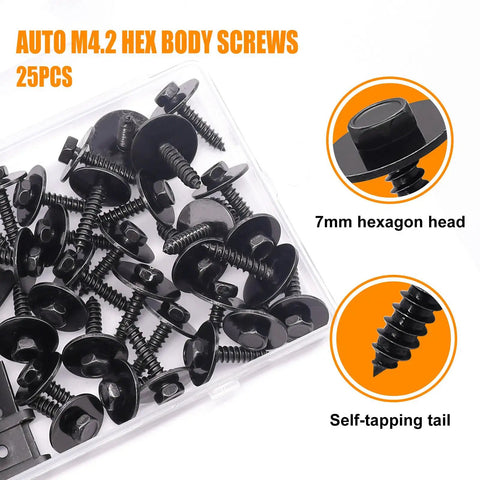 Pro Grade 50 Piece Steel Fender Liner Screw And U Nut Retainer Clip Kit For Engine Splash Shield Hex Head includes 25 black hex body screws.