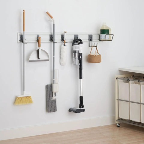 Heavy Duty Wall Track Storage System With Two PVC Panels And Seven Hooks for organizing tools and gear in garage or shed.