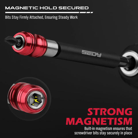 Close-up of Five Piece Extra Long Magnetic Screwdriver Bit Holders Set With Two Inch Four Inch Six Inch Twelve Inch And Seventeen Inch Lengths One Quarter Inch Hex Shank Quick Release Extension Durable CR V Steel Universal Fit For Impact Driver Bits highlighting the magnetic tip and holder.