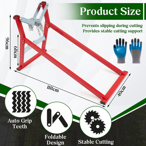 Heavy Duty Steel Log Cutting Stand Folds Flat Saves Garage Space Rip Through Thick Firewood Stacks With Zero Sweat with gloves