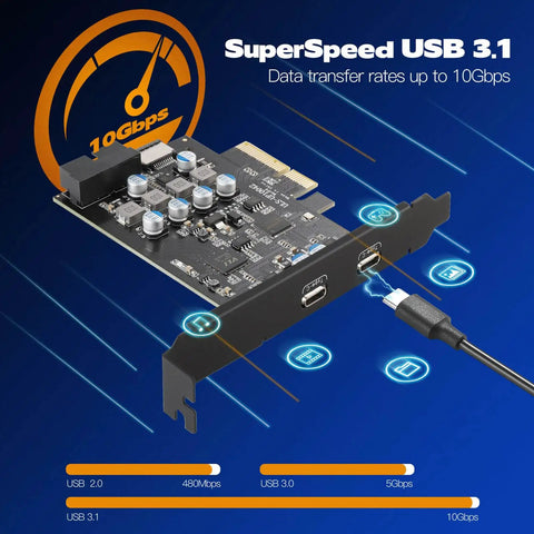 Dope 10Gbps PCIe USB C Expansion Card With Internal Type E To Type C Connector And 19 Pin USB Header, Front Panel USB 3.0 X4 Add On For Desktop PCs, Workstations, SSD Enclosures And Fast File Backup, black PCIe card with dual USB-C ports