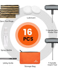 Flat Tire Repair Kit With Plugs 16 Pcs Heavy Duty Tire Plug Kit For Car Motorcycle ATV Jeep Truck Tractor T Handle Stainless Steel Tools With Ergonomic Rubber Grips components including tire plugs, lubricant, T-handle tools, and storage bag.