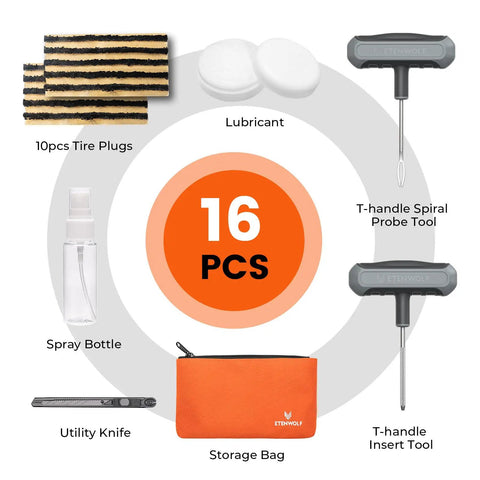 Flat Tire Repair Kit With Plugs 16 Pcs Heavy Duty Tire Plug Kit For Car Motorcycle ATV Jeep Truck Tractor T Handle Stainless Steel Tools With Ergonomic Rubber Grips components including tire plugs, lubricant, T-handle tools, and storage bag.