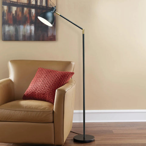 Go To Modern Adjustable Floor Lamp For Living Room Bedroom And Office Black Standing Lamp With Bronze Accents 54.5 Inches Tall Great Reading Light LED Bulb Not Included next to a brown armchair