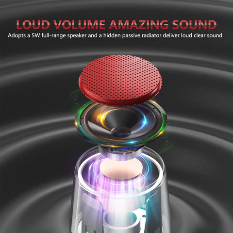 Cross-section view of Compact Waterproof Bluetooth Speaker With Big Sound showing 5W driver and passive radiator, red grill