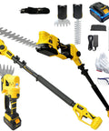 Knock Out Weeds And Overgrown Bushes With This Cordless Pole Hedge Trimmer And Grass Shears, Four In One Power Tool With 16ft Reach And 4.0Ah Battery, yellow cordless trimmer with accessories.