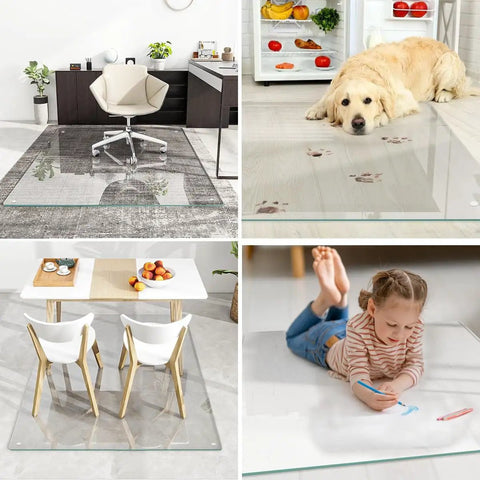 46 By 55 Inch Glass Chair Mat For Carpet And Hard Floors, Heavy Duty Tempered Glass With Round Corners And Polished Edge, Clear Office Desk Mat That Protects Floors And Keeps Your Carpet Looking Fresh in different settings.