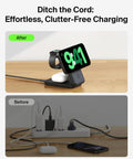 Before and after of 3 In 1 MagSafe Qi2.2 25W Magnetic Wireless Charger Dock With Foldable Charging Stand organizing setup