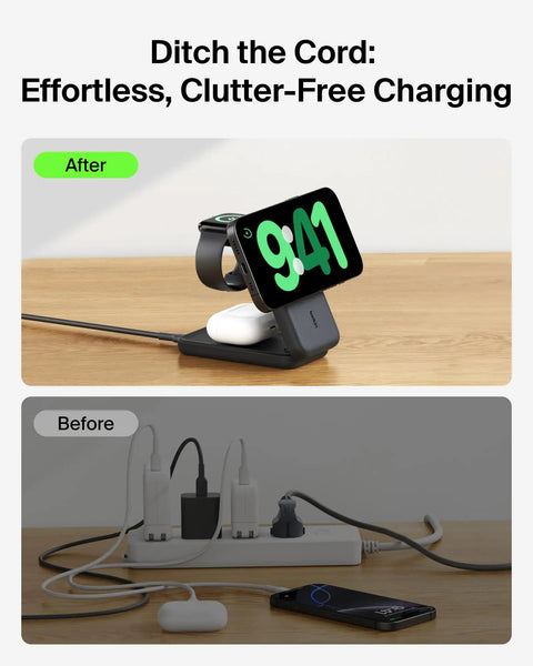 Before and after of 3 In 1 MagSafe Qi2.2 25W Magnetic Wireless Charger Dock With Foldable Charging Stand organizing setup