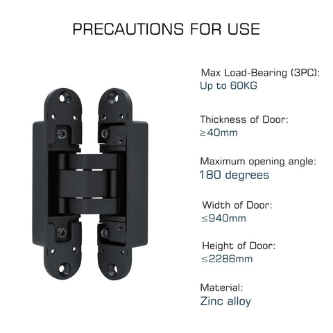 Matte Black Concealed Hinges Two Pack 180 Degree Adjustable Hidden Door Hinges for Secret Doors and Cabinets Durable Hardware