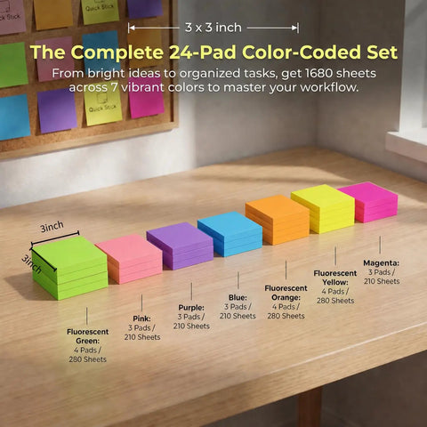 3x3 Inch Sticky Notes Set With 24 Bright Color Pads No Fuss Self Stick Note Pads For Back To School And Office Desk Essentials