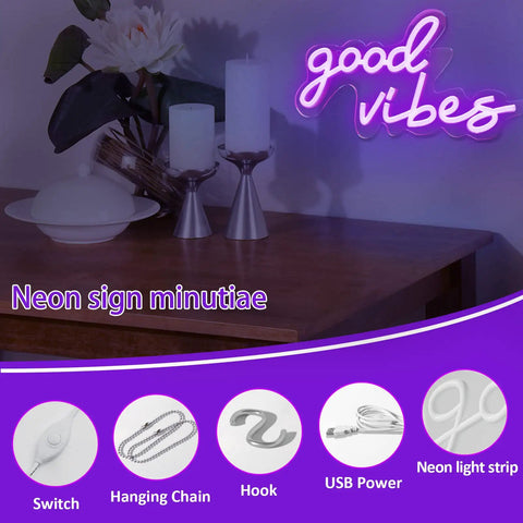 Good Vibes Neon Sign USB Powered With Switch Pink Purple LED Wall Decor on wooden table with candles and plant.