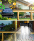 Small Solar Lights For Chain Link Fence With Motion Sensor Clip On Outdoor Lights For Garden Gate Deck Step Patio Camping Waterproof 2 Pack With 4 Light Modes in use, installed on a fence, day and night view.