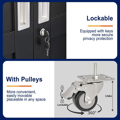 Close-up of lockable feature and wheels of 61 Inch Tall Metal Garage Storage Cabinet With Rolling Tool Cabinet Locking Two Doors And Wheels