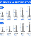 No Nonsense Heavy Duty 450 Piece Stainless Steel Self Drilling Screws Assortment Kit For Sheet Metal and Light Gauge Steel Truss Head Roofing Fasteners in silver, various sizes shown.