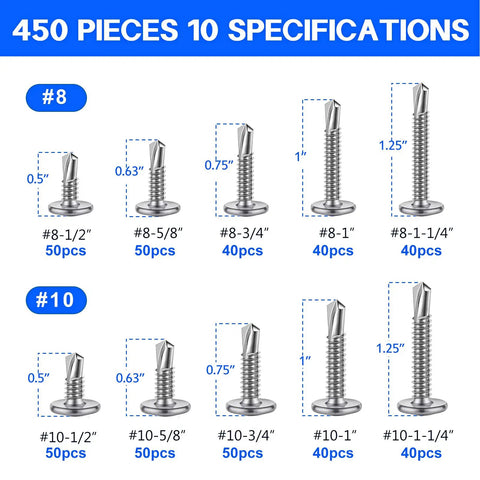 No Nonsense Heavy Duty 450 Piece Stainless Steel Self Drilling Screws Assortment Kit For Sheet Metal and Light Gauge Steel Truss Head Roofing Fasteners in silver, various sizes shown.