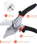 LeafLux miter shears for wood trim, front view; stainless steel blades, black non-slip PVC handles, adjustable 45°–135°