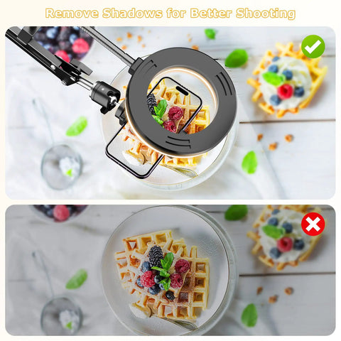 Overhead USB Ring Light Camera Mount With Flexible Arm Stand illuminating waffle breakfast shot, showing reduced shadows