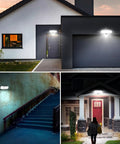 Lit Outdoor Solar Motion Sensor Light With 3 Adjustable Heads illuminating garage, stairs, and porch at night revealing wide coverage
