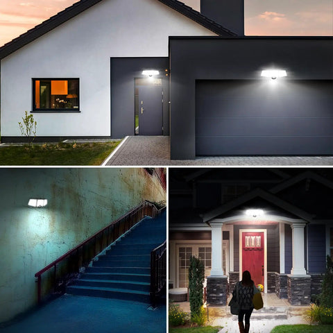 Lit Outdoor Solar Motion Sensor Light With 3 Adjustable Heads illuminating garage, stairs, and porch at night revealing wide coverage