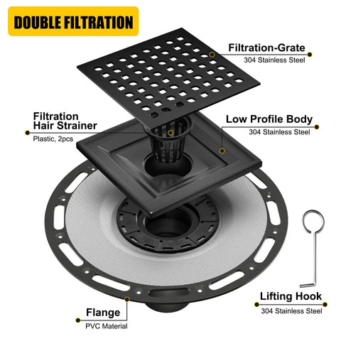 Exploded view of Shower Drain 24 Inch With Removable Pattern Grate Matte Black Stainless Steel 304 Anti Corrosion Built To Last Floor Drain