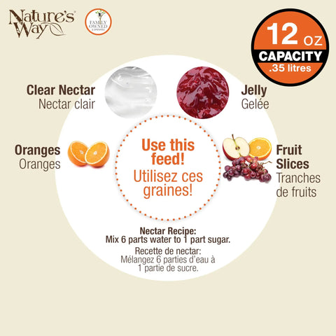 Go-To Multi-Station Oriole Feeder With Ant Moat And Weather Baffle ingredients display: clear nectar, jelly, oranges, fruit slices.
