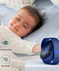 Blue Go To Ultra Quiet USB Desk Fan With 360 Degree Rotatable Head next to sleeping baby in bedroom setting