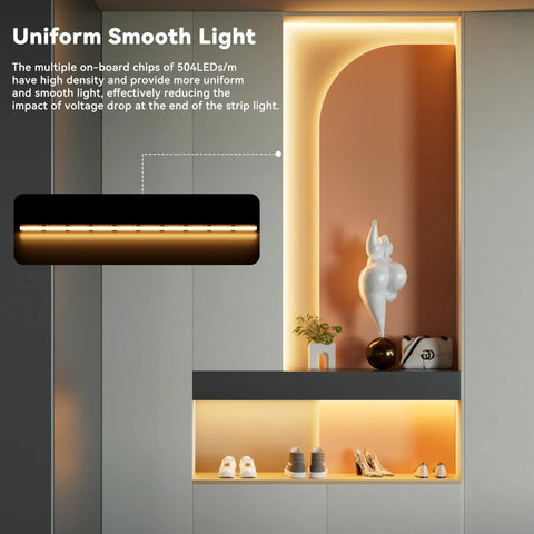 Lit 2700K COB LED Strip Light Kit With 16.4 Ft Of Dimmable Warm White LEDs, accent lighting on shelves and cabinetry.